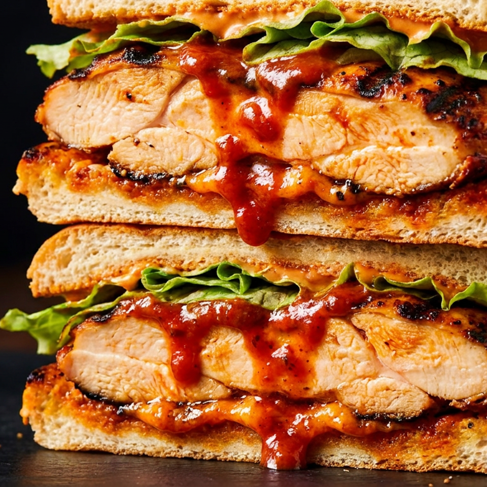 Stacked grilled chicken sandwiches with lettuce and barbecue sauce dripping down the sides.
