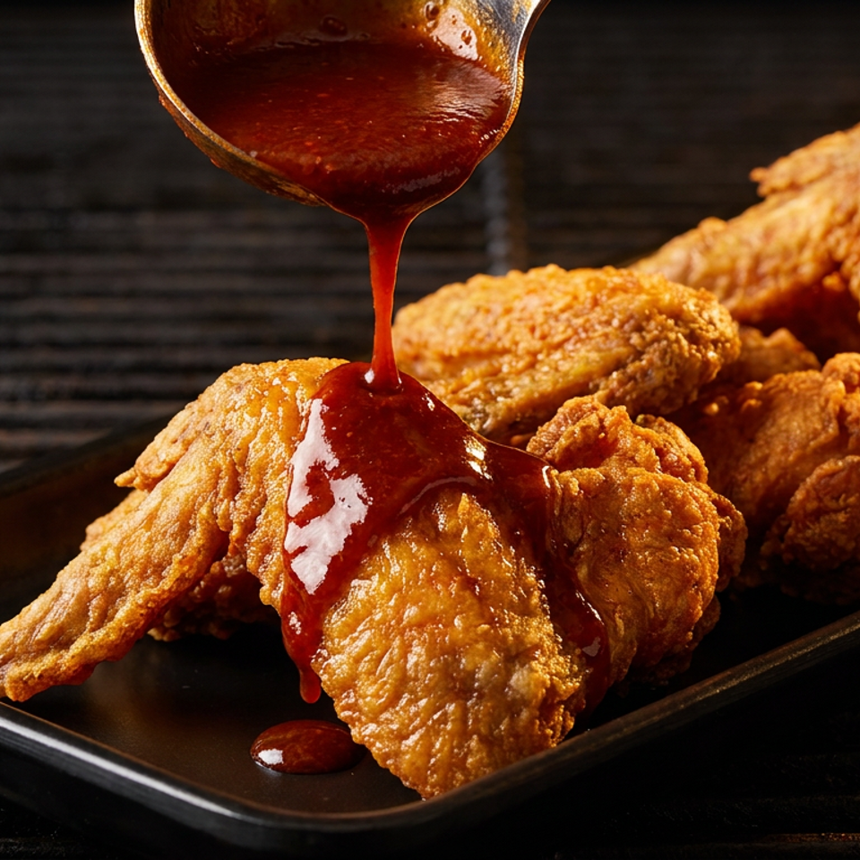 Crispy fried chicken wings on a black tray, with a ladle pouring red sauce over one wing.