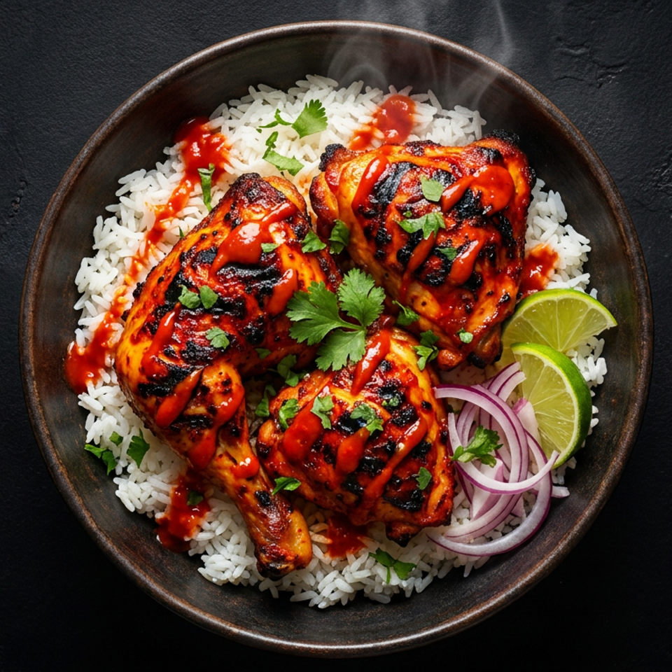 Steaming grilled chicken with red sauce, cilantro, lime, and red onions on a bed of white rice.