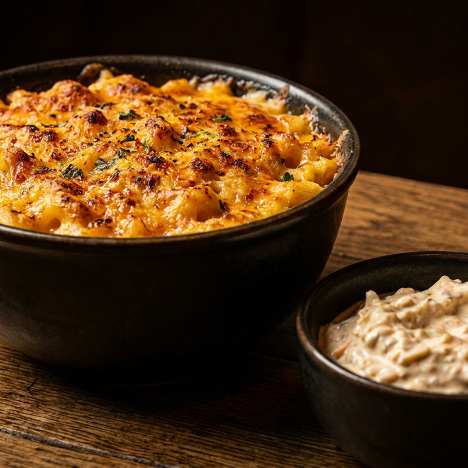 Baked mac and cheese in a black bowl with a side of creamy dip on a wooden table.