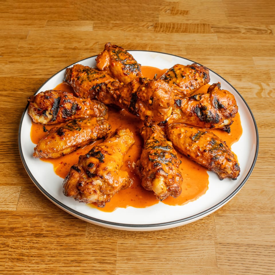 Plate of grilled chicken wings coated in glossy orange sauce, arranged on a white dish atop a wooden table.