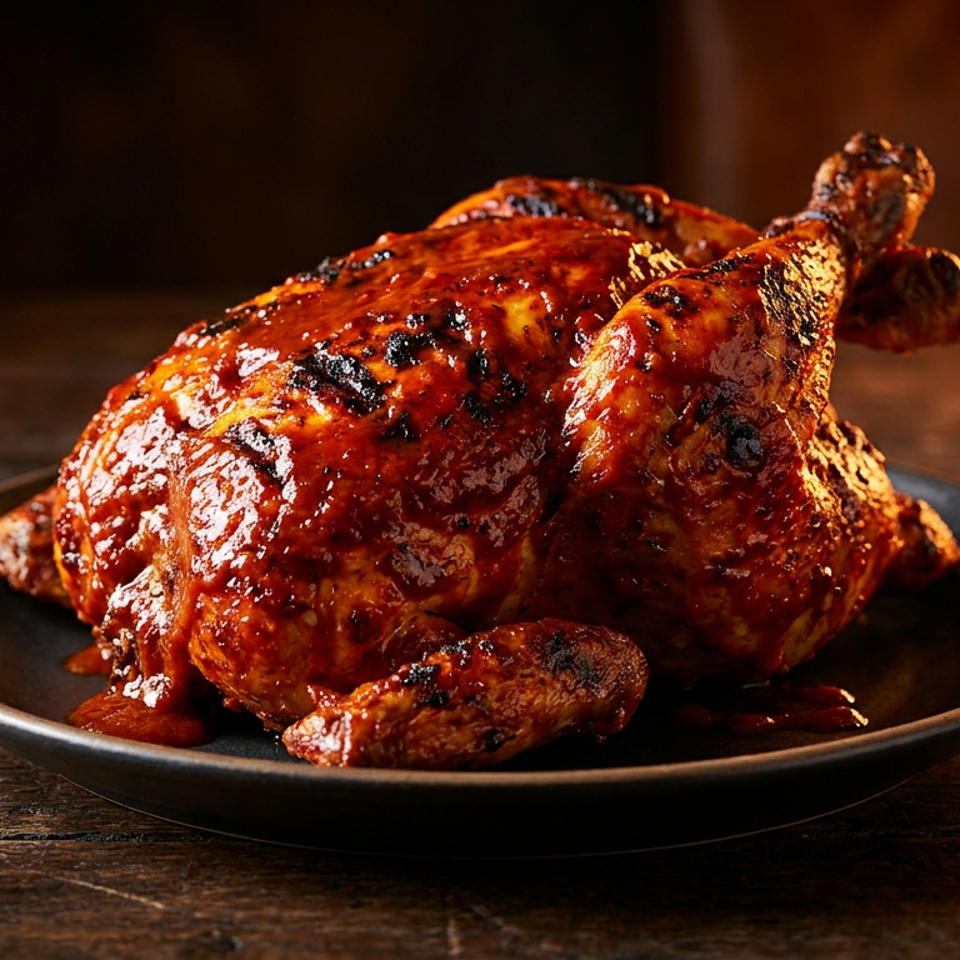 Whole roasted chicken, glazed with a rich, dark red sauce, on a black plate.