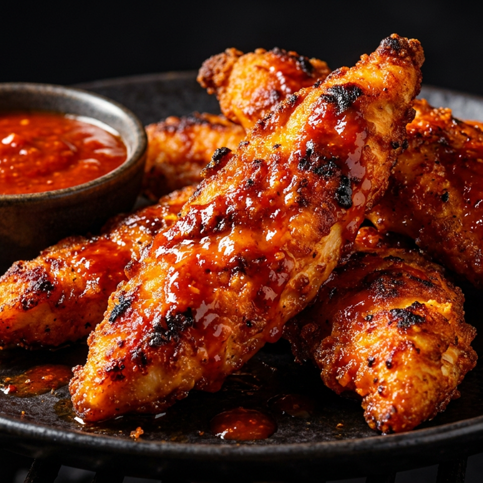Grilled chicken tenders coated in a spicy sauce, served with a side of dipping sauce.